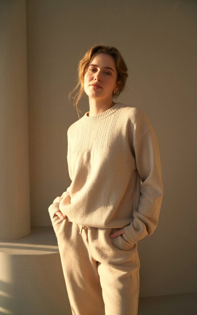 A natural-looking young woman wearing a matching monochrome knit set. Theme casual fall outfits