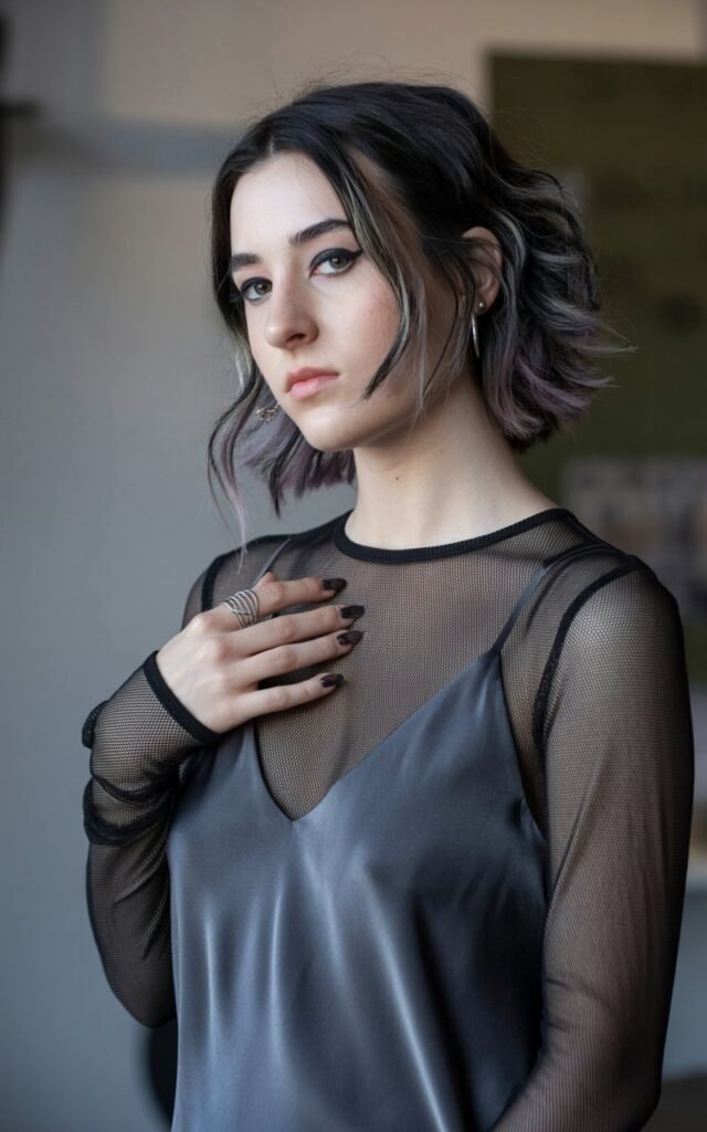 A natural-looking young woman wearing a mesh top layered under a slip dress. Theme emo outfits