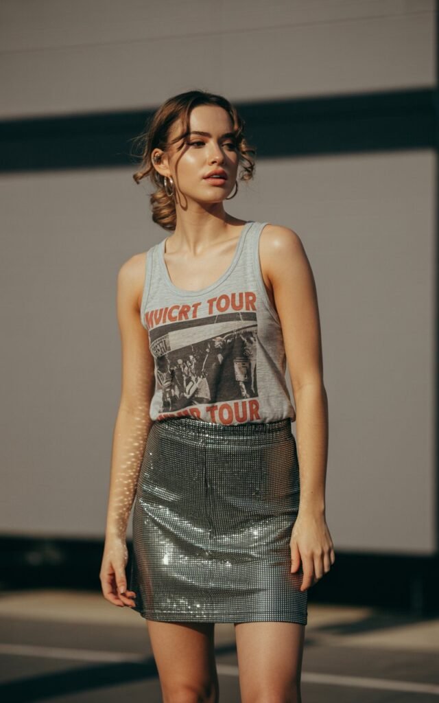 A natural-looking young woman wearing a metallic mini skirt styled with a graphic tank top. Theme eras tour outfits