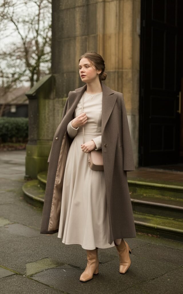 A natural-looking young woman wearing a midi dress layered with a tailored wool coat in neutral tones. Theme church winter outfit