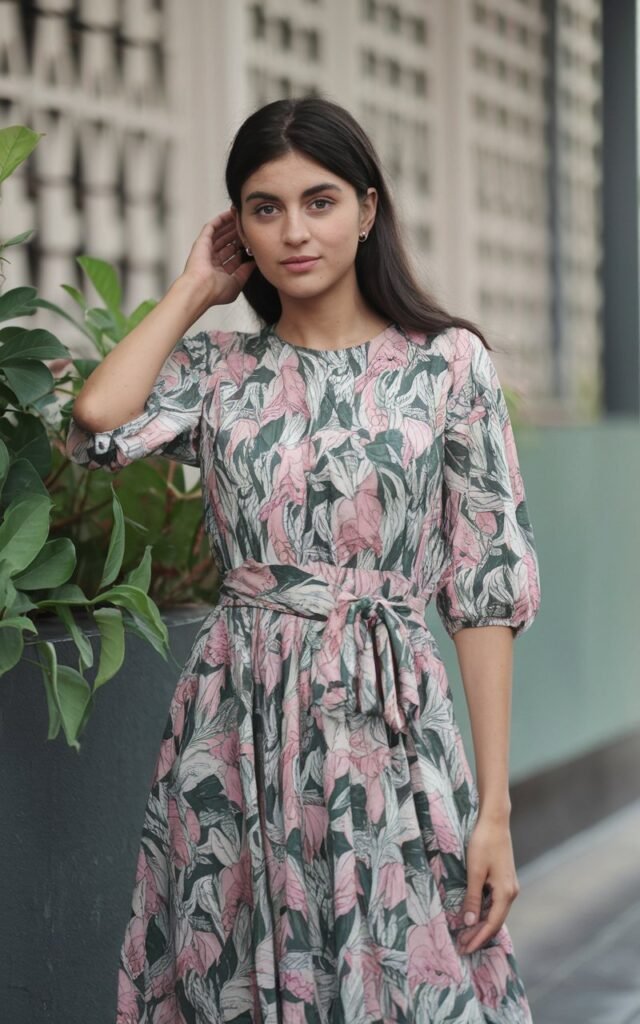 A natural-looking young woman wearing a midi dress with a defined waist and minimal accessories. Theme fashion inspo outfits