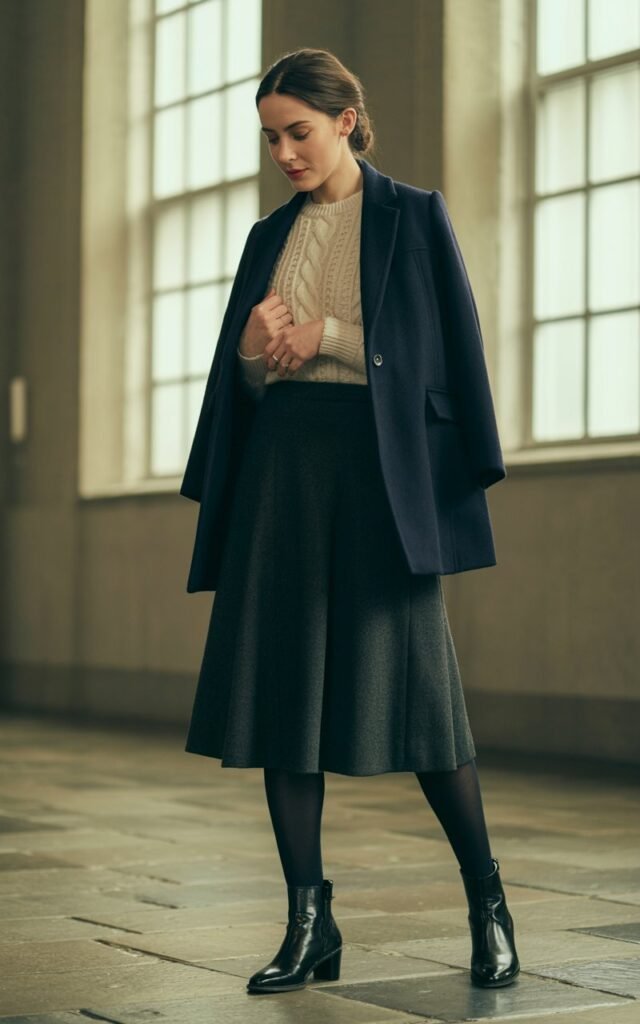 A natural-looking young woman wearing a midi skirt paired with ankle boots and opaque tights. Theme church winter outfit. Generate two different images using the same prompt.