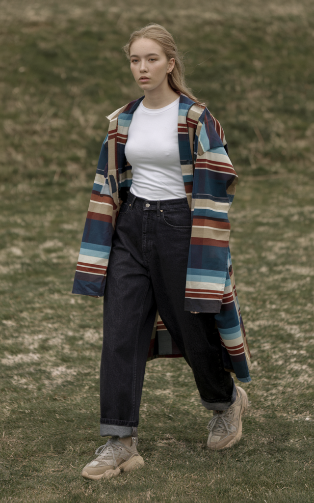 "A natural-looking young woman wearing a minimal outfit grounded with chunky sneakers. Theme: tomboy outfits"