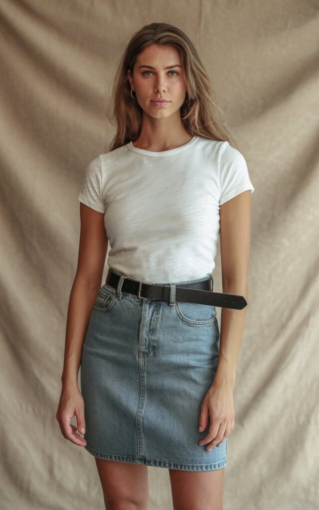 A natural-looking young woman wearing a minimalist jean skirt outfit styled with a sleek belt. Theme jean skirt outfits