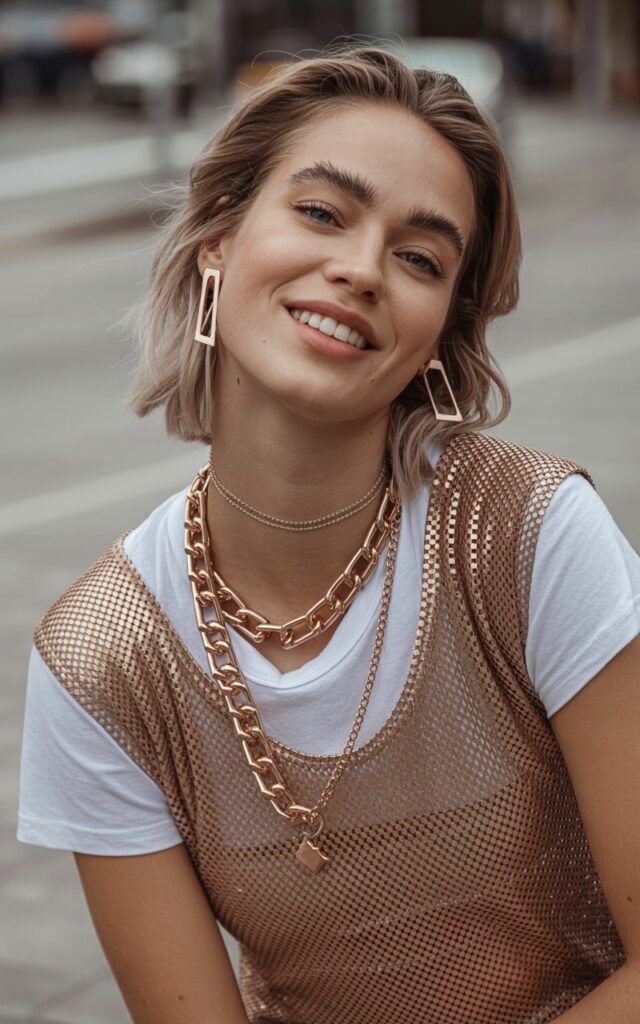 A natural-looking young woman wearing a mix of metallic accessories and clothing pieces. Theme quirky fashion