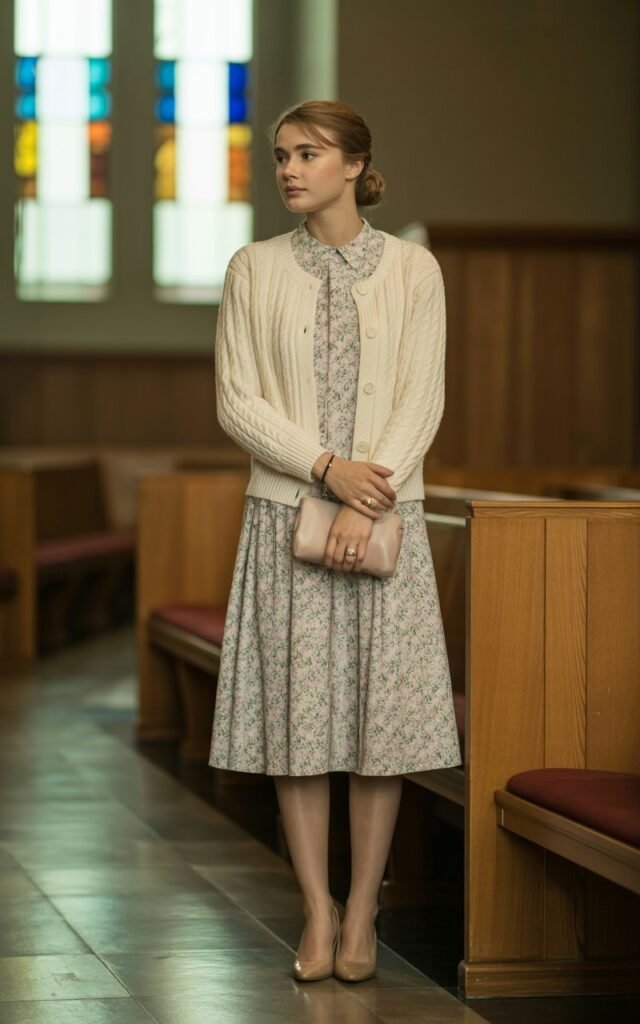 A natural-looking young woman wearing a modest floral dress layered with a classic cardigan. Theme church winter outfit. Generate two different images using the same prompt.