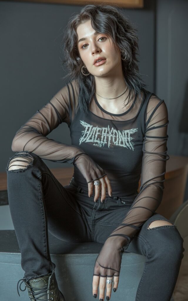 A natural-looking young woman wearing a monochrome black outfit with varied fabric textures. Theme emo outfits