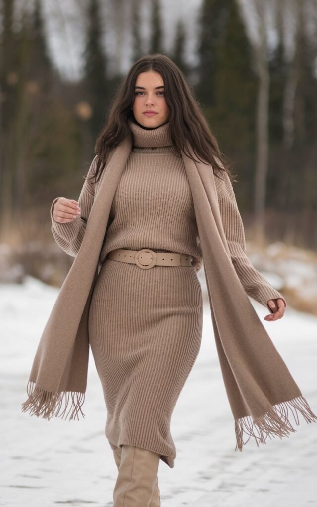 A natural-looking young woman wearing a monochrome knit set styled with minimal accessories. Theme winter fashion outfits 
