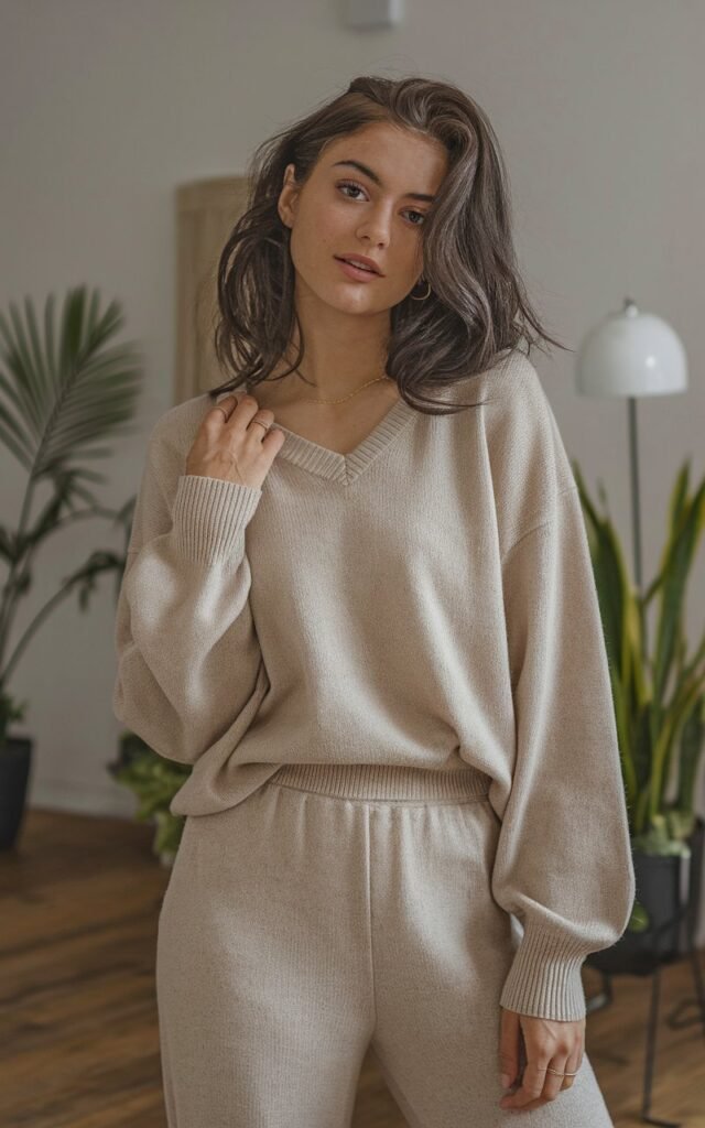 A natural-looking young woman wearing a monochrome matching set in neutral tones. Theme fashion inspo outfits