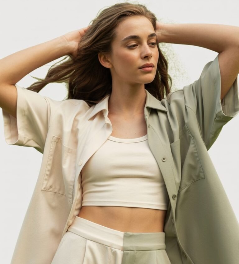 A natural-looking young woman wearing a monochrome matching shorts set. Theme shorts outfits