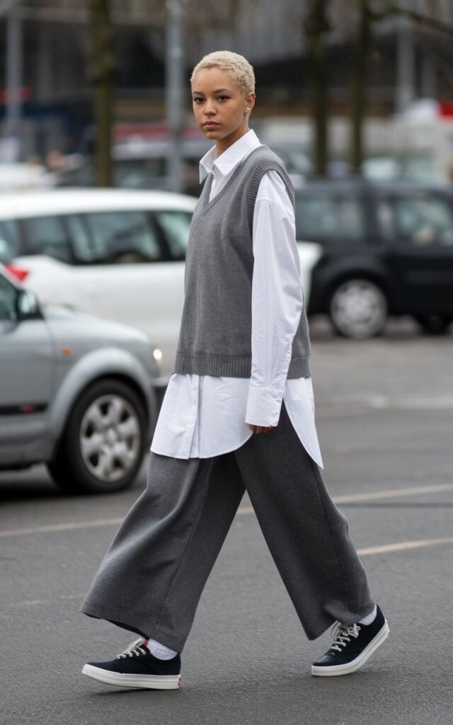 A natural-looking young woman wearing a monochrome outfit finished with classic low-profile sneakers. Theme tomboy outfits