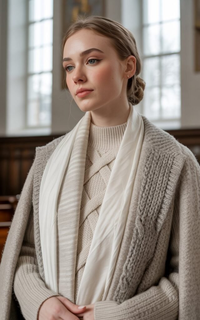 A natural-looking young woman wearing a monochrome outfit in neutral winter tones with mixed textures. Theme church winter outfit. Generate two different images using the same prompt.