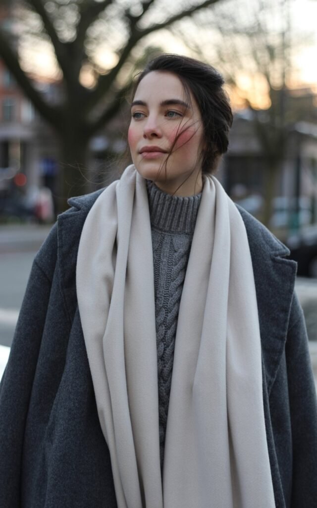 A natural-looking young woman wearing a monochrome outfit with textured winter layers. Theme cold weather outfits