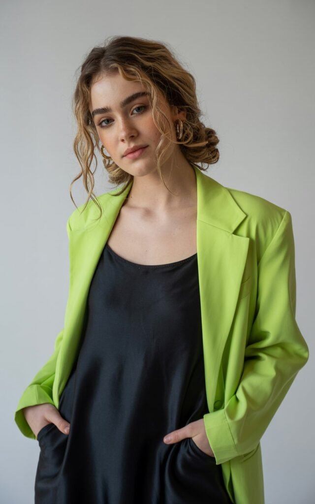 A natural-looking young woman wearing a neon blazer over a minimalist dress. Theme quirky fashion