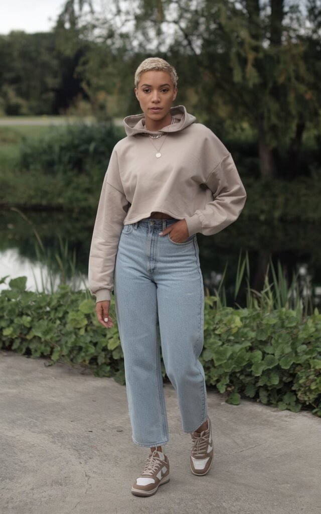 A natural-looking young woman wearing a neutral hoodie styled with high-waisted jeans and sneakers. Theme tomboy outfits