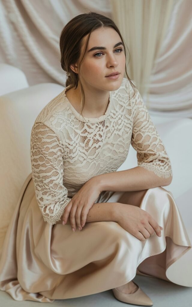 A natural-looking young woman wearing a neutral lace blouse paired with a satin midi skirt and heels. Theme Lace Tops and Outfits
