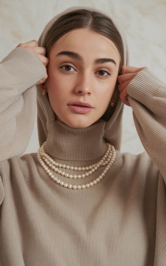 A natural-looking young woman wearing a neutral-toned outfit accessorized with subtle gold or pearl jewelry. Theme church winter outfit