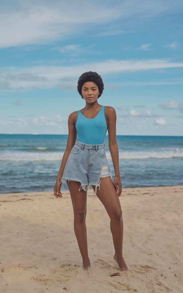 A natural-looking young woman wearing a one-piece swimsuit styled with denim cutoffs. Theme beach outfits