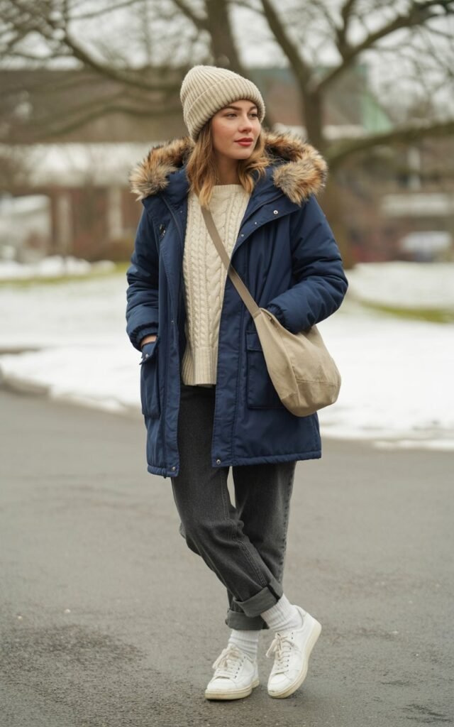 A natural-looking young woman wearing a parka paired with everyday sneakers and casual winter layers. Theme cold weather outfits