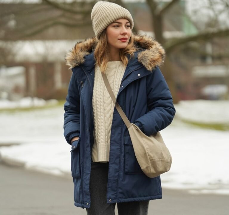A natural-looking young woman wearing a parka paired with everyday sneakers and casual winter layers. Theme cold weather outfits