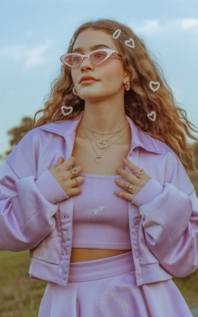 A natural-looking young woman wearing a pastel matching co-ord set styled with heart-shaped accessories. Theme eras tour outfits