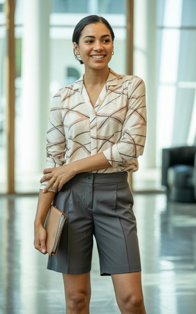 A natural-looking young woman wearing a patterned blouse combined with tailored shorts. Theme business casual outfits