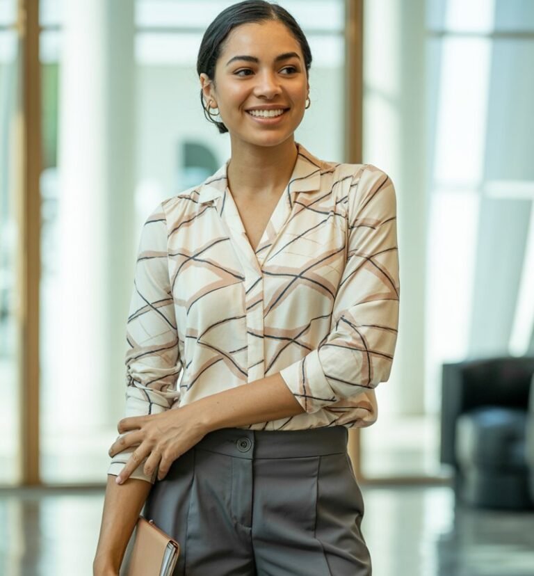 A natural-looking young woman wearing a patterned blouse combined with tailored shorts. Theme business casual outfits