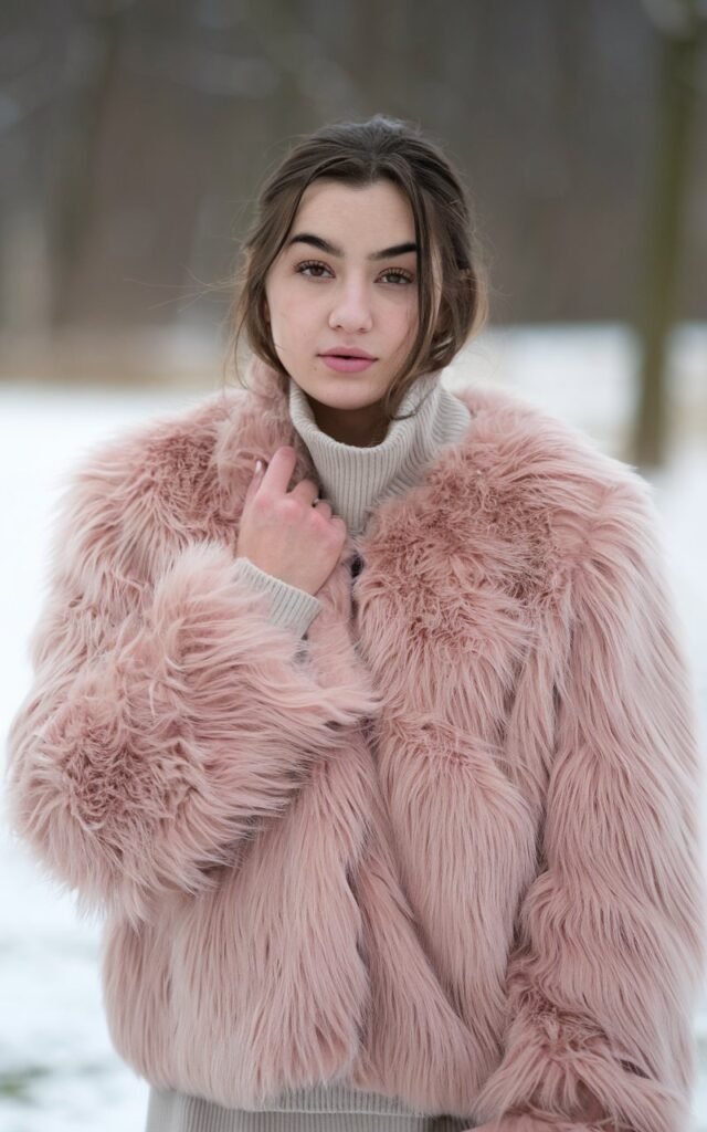 A natural-looking young woman wearing a pink faux-fur jacket layered over an all-neutral winter outfit. Theme pink christmas outfit