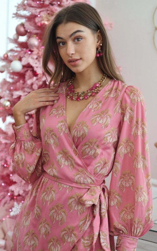 A natural-looking young woman wearing a pink wrap dress styled with metallic accessories. Theme pink christmas outfit