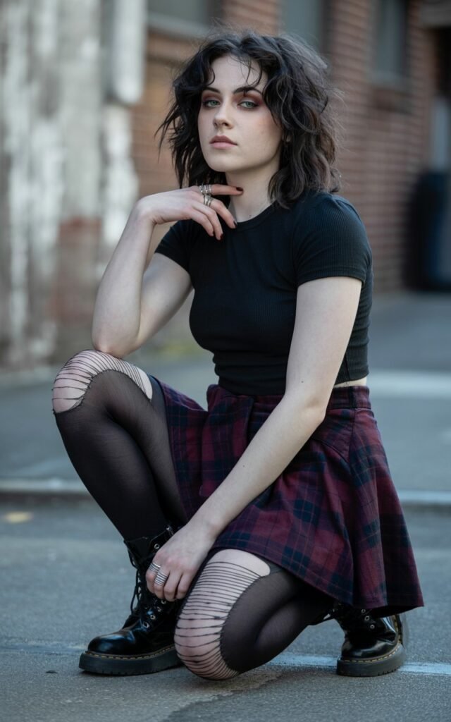 A natural-looking young woman wearing a plaid mini skirt styled with ripped black tights. Theme emo outfits
