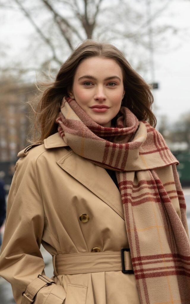 A natural-looking young woman wearing a plaid scarf with a camel trench coat. Theme winter fashion outfits
