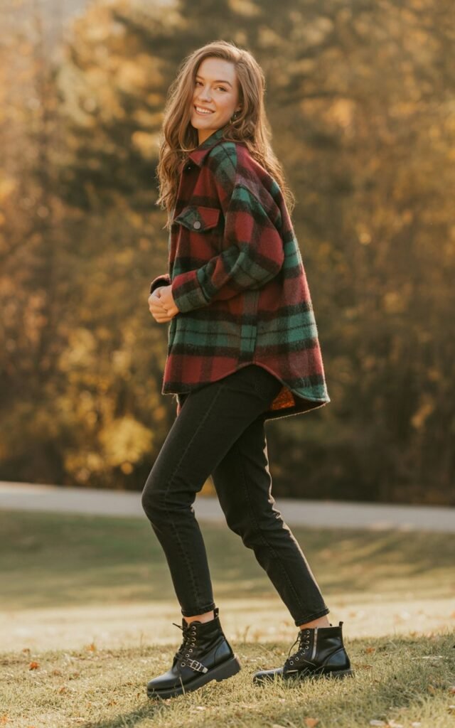 A natural-looking young woman wearing a plaid shacket with black denim and combat boots. Theme casual fall outfits