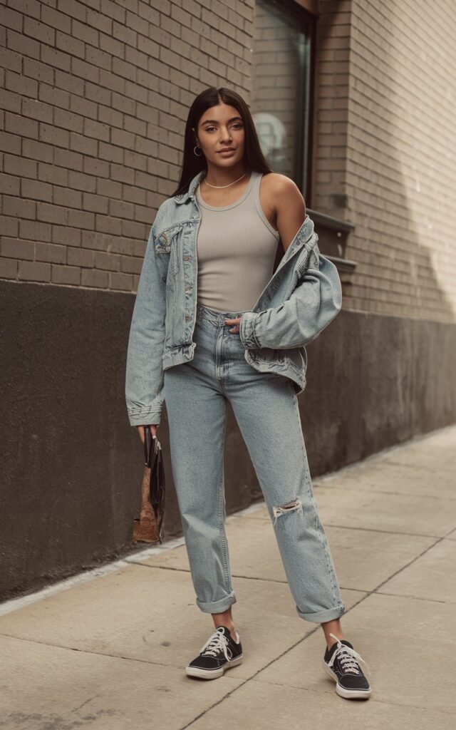 A natural-looking young woman wearing a plain tank top layered with a classic denim jacket and casual sneakers. Theme tomboy outfits