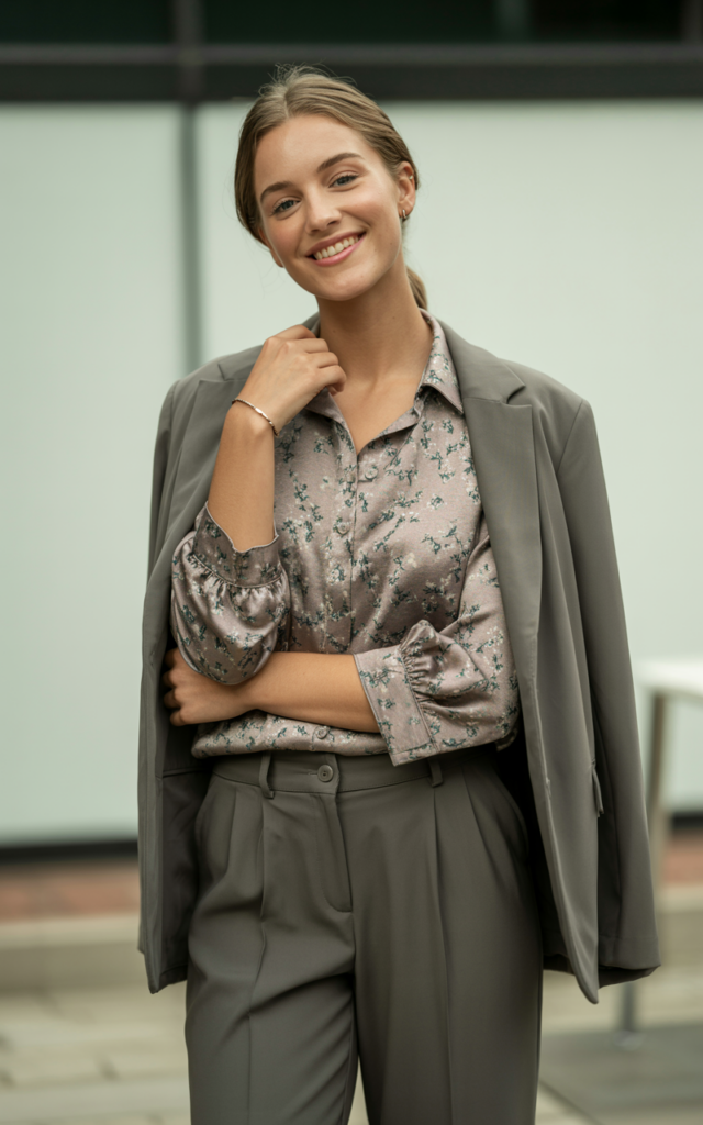 A natural-looking young woman wearing a printed blouse combined with solid trousers. Theme business casual outfits