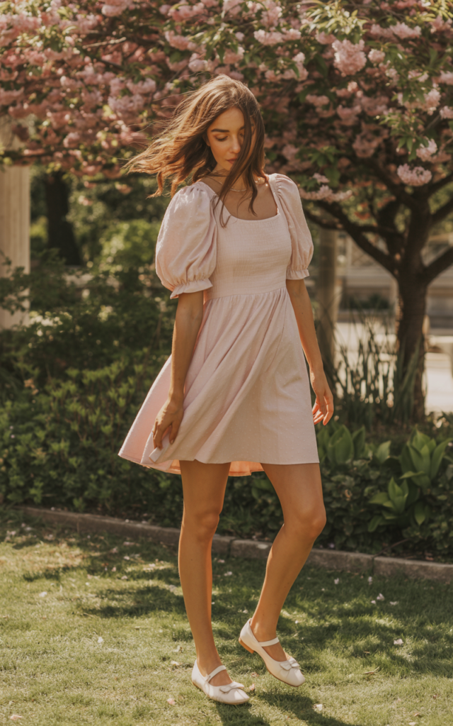 A natural-looking young woman wearing a puff-sleeve mini dress styled with ballet flats. Theme girly summer outfits
