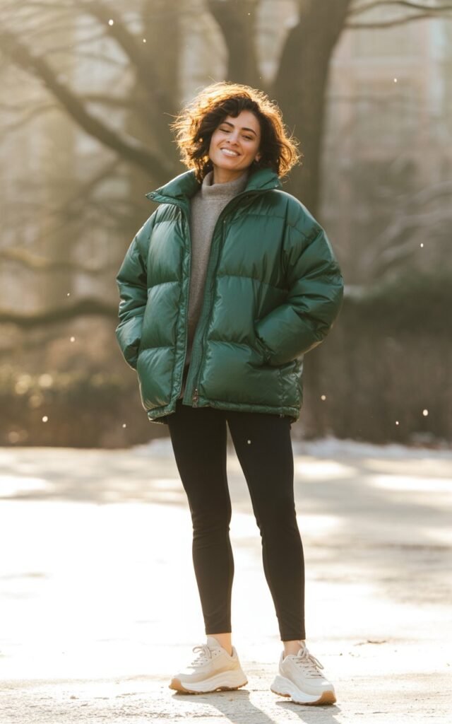 A natural-looking young woman wearing a puffer jacket styled with leggings and chunky sneakers. Theme cold weather outfits