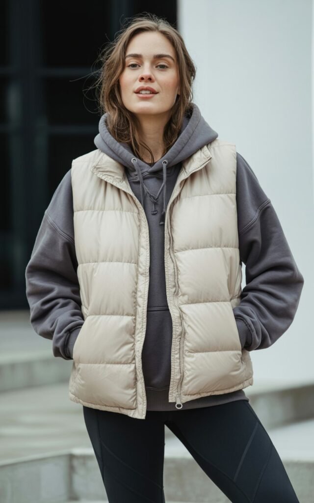 A natural-looking young woman wearing a puffer vest over a hoodie and leggings. Theme winter fashion outfits