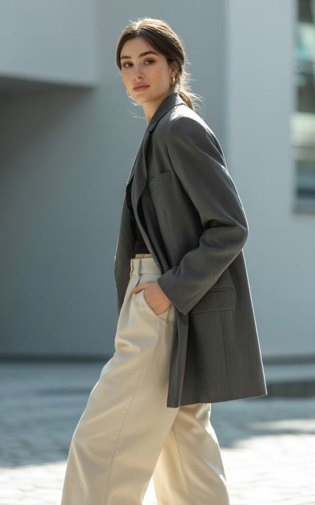 A natural-looking young woman wearing a puffer vest over a hoodie and leggings. Theme winter fashion outfits
