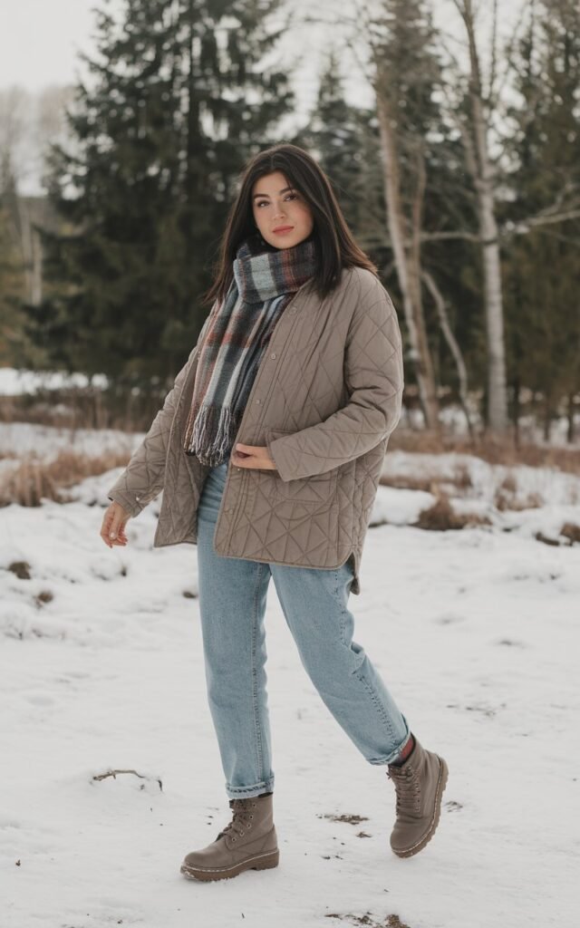 A natural-looking young woman wearing a quilted jacket styled with straight jeans and combat boots. Theme winter fashion outfits 