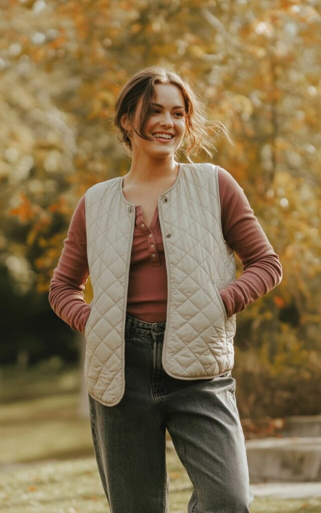 A natural-looking young woman wearing a quilted vest with a Henley top and relaxed jeans. Theme casual fall outfits