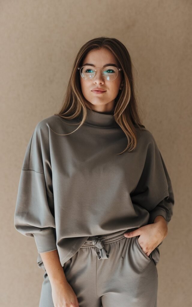 A natural-looking young woman wearing a relaxed mock-neck top styled with comfy pants. Theme thanksgiving outfit