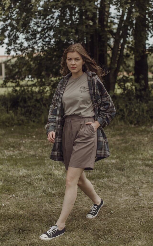 A natural-looking young woman wearing a relaxed tee tucked into tailored shorts with sneakers. Theme tomboy outfits