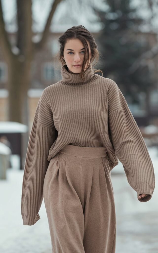 A natural-looking young woman wearing a ribbed sweater tucked into high-waisted wide-leg pants. Theme winter fashion outfits 