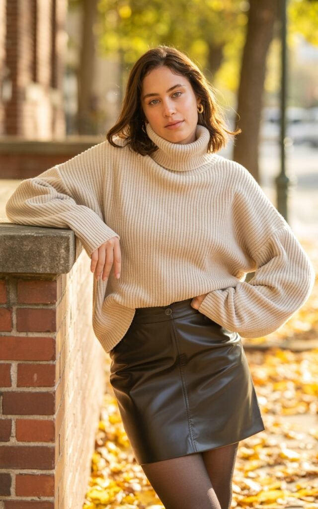 A natural-looking young woman wearing a ribbed turtleneck styled with a faux-leather mini skirt and tights. Theme casual fall outfits