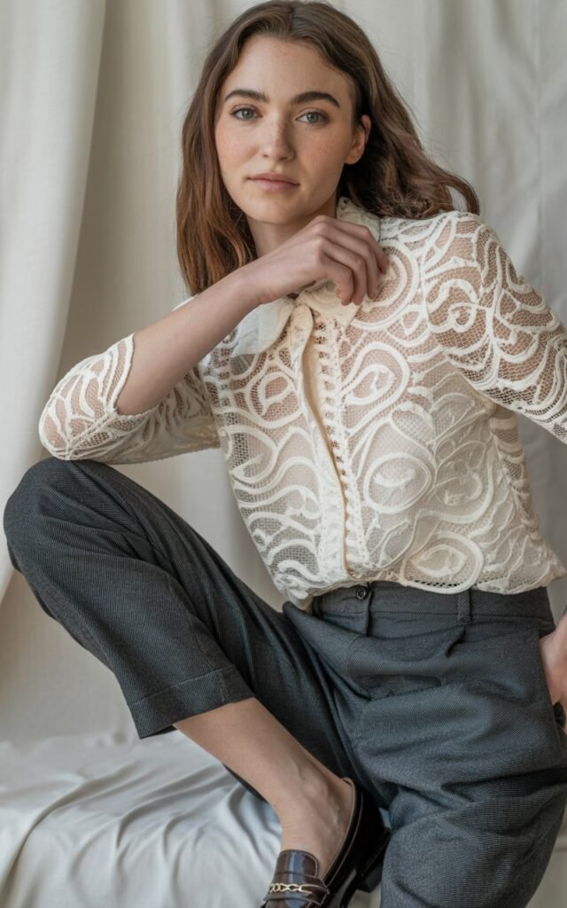 A natural-looking young woman wearing a romantic lace top paired with structured trousers and loafers. Theme Lace Tops and Outfits