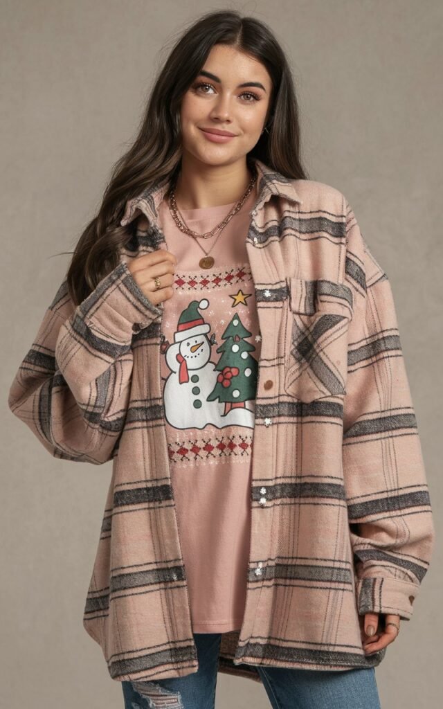 A natural-looking young woman wearing a rose-toned shacket layered over a cozy holiday graphic tee. Theme pink christmas outfit