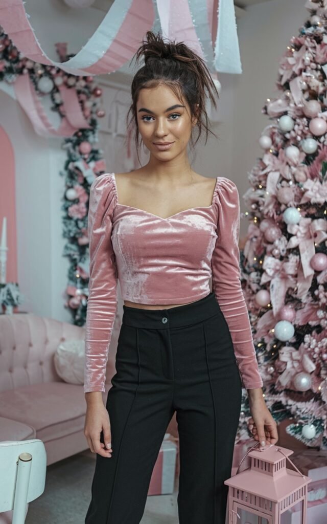 A natural-looking young woman wearing a rose velvet top paired with black tailored pants. Theme pink christmas outfit