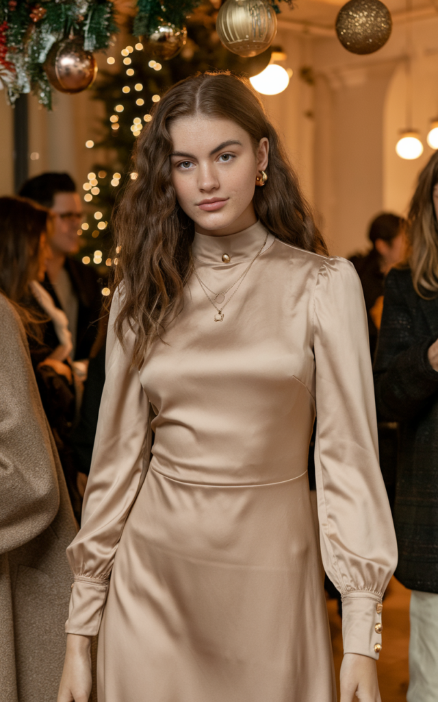 A natural-looking young woman wearing a satin midi dress styled with minimal gold jewelry. Theme holiday party outfit