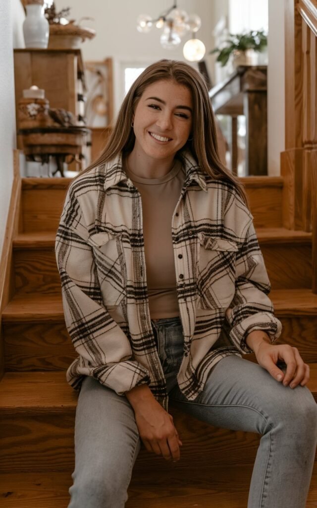 A natural-looking young woman wearing a shacket layered over a basic tee with stretchy jeans. Theme thanksgiving outfit