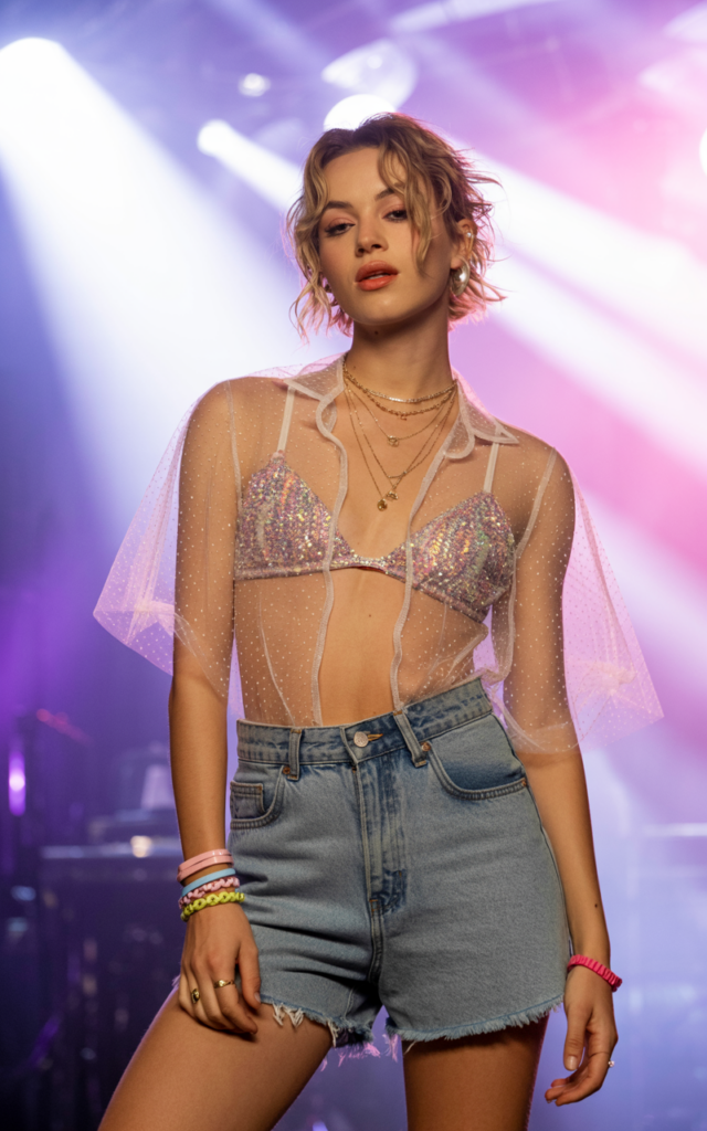 A natural-looking young woman wearing a sheer top layered over a bralette with high-waisted shorts. Theme eras tour outfits